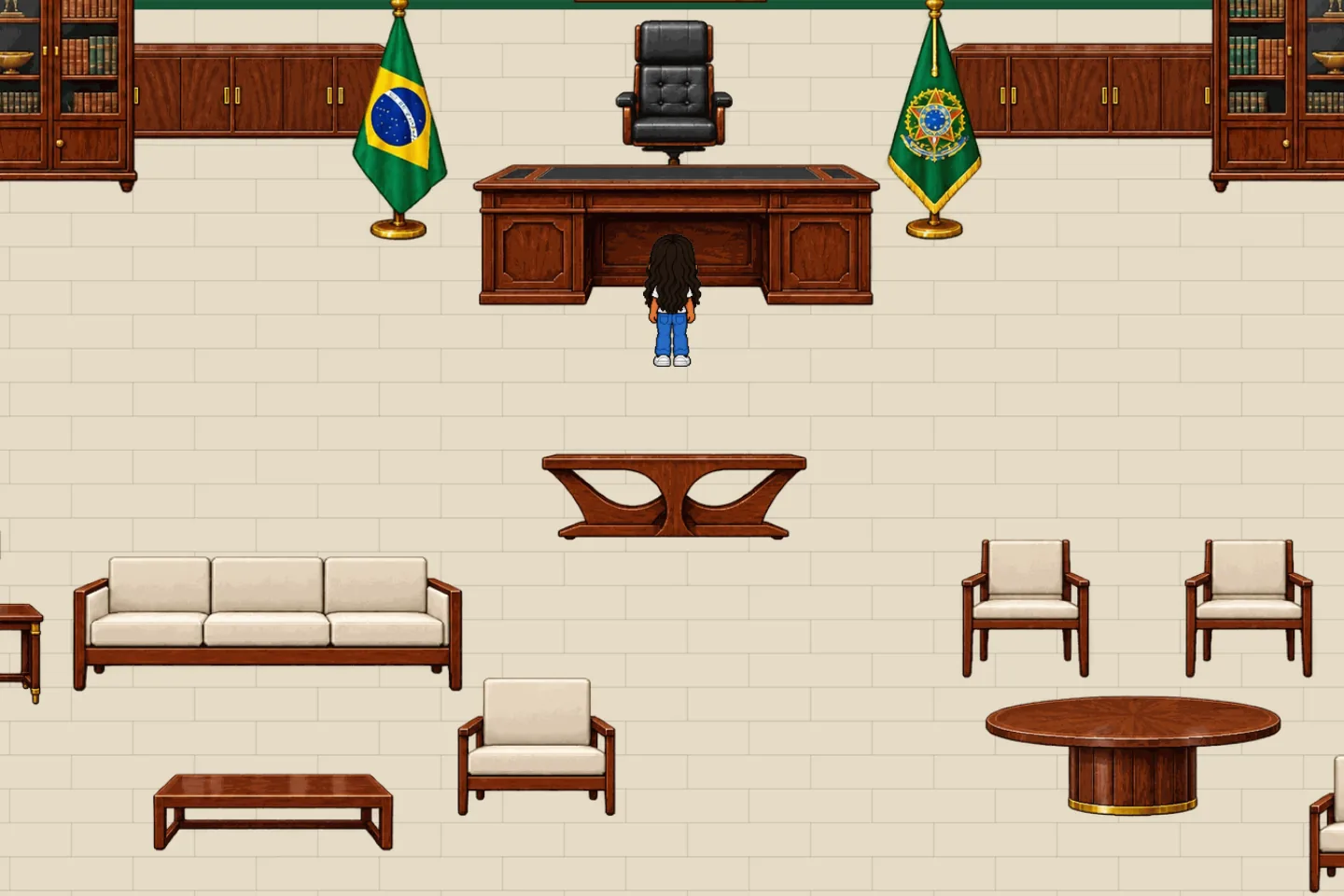A Sala do Presidente com a mesa, as bandeiras e as estantes