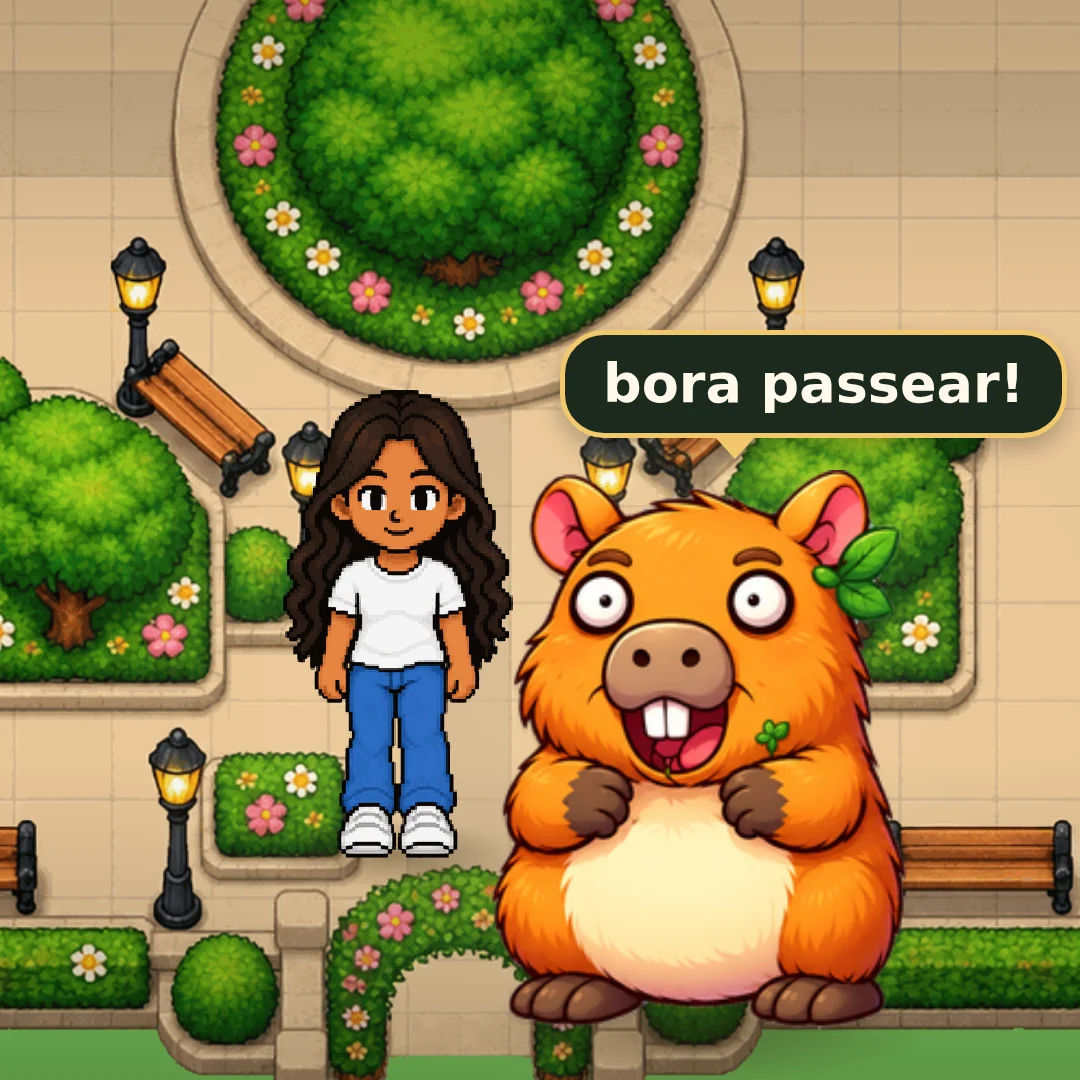 A Capi de frente, na praça, ao lado da personagem, dizendo: bora passear!