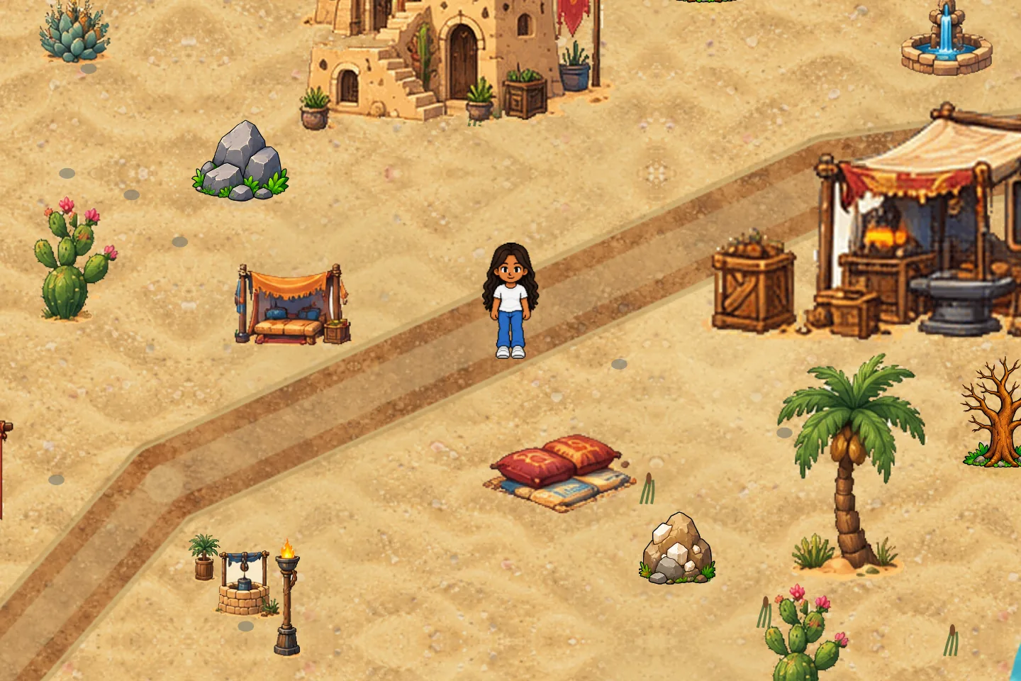 Ilha do deserto com cactos, casas de adobe e a ferraria