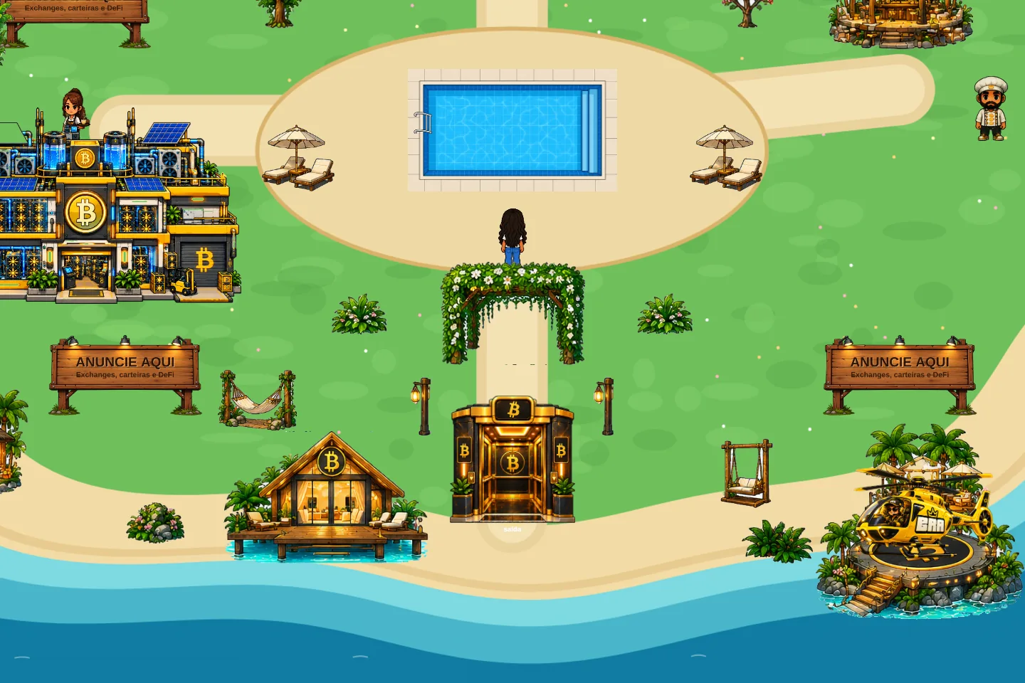 Bitcoin Resort com piscina, bangalô e o elevador dourado